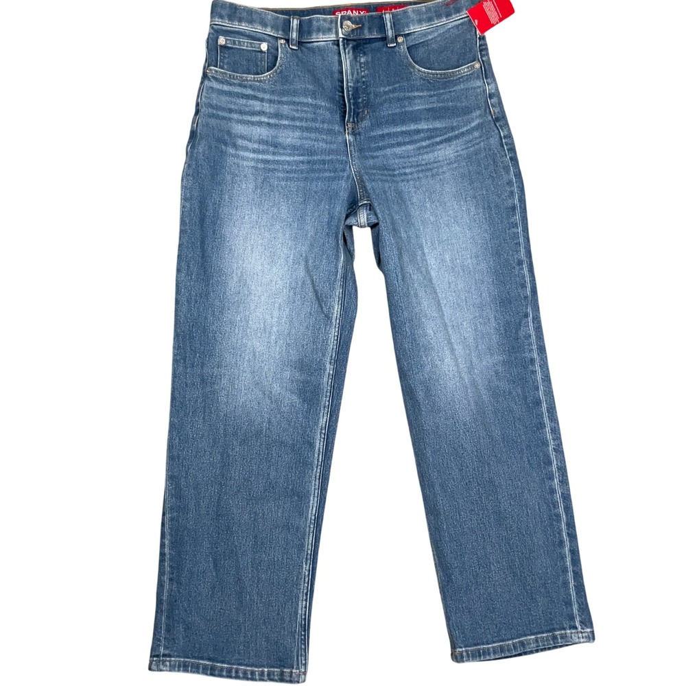 Spanx Ankle Straight Leg Jeans Women L Petite Blue Slim Shaping Stretch Denim